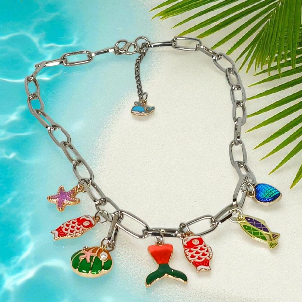 White Gold Paperclip Chain with Sea Creatures Charms Oceancore Sardine Summer